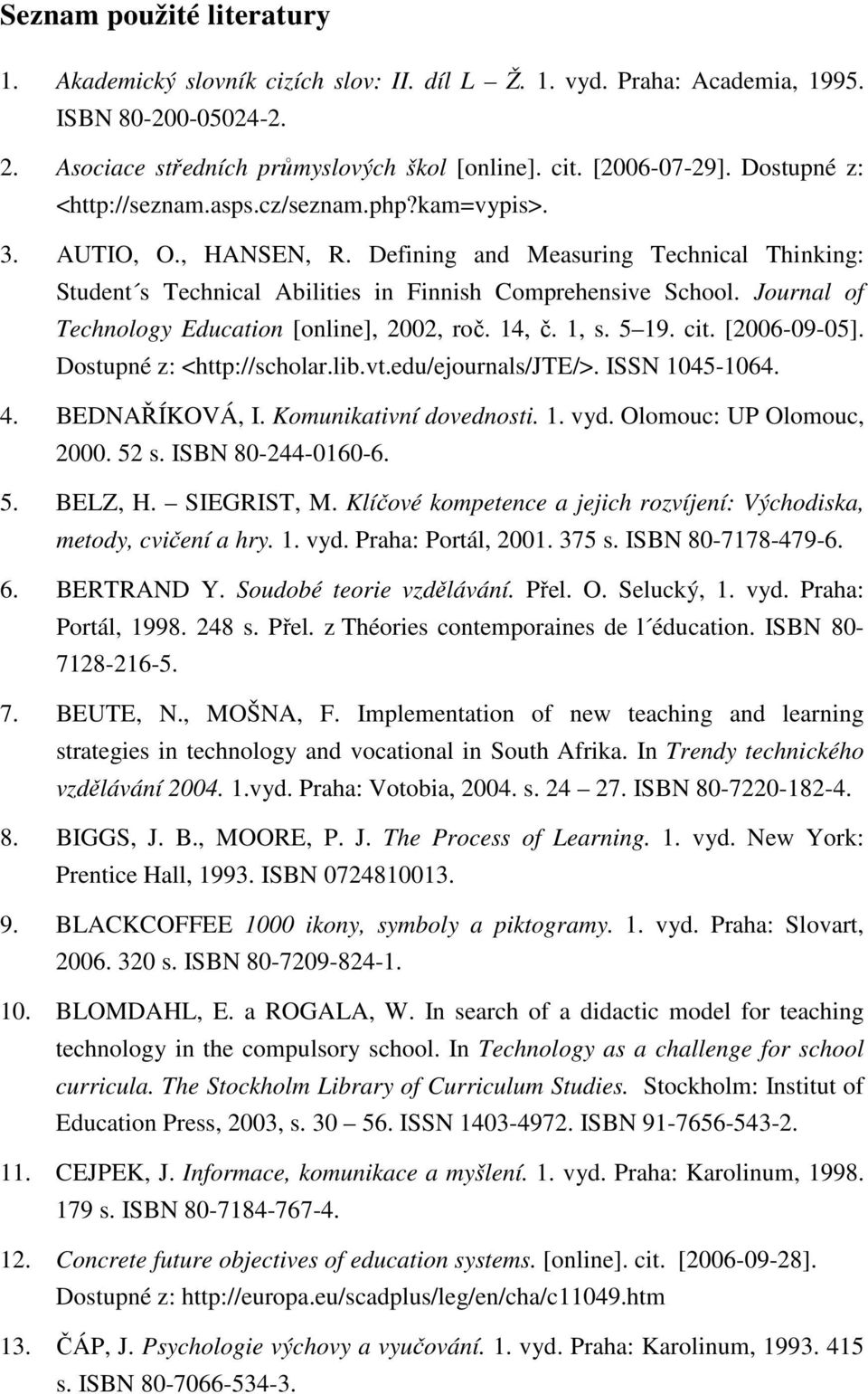 Journal of Technology Education [online], 2002, roč. 14, č. 1, s. 5 19. cit. [2006-09-05]. Dostupné z: <http://scholar.lib.vt.edu/ejournals/jte/>. ISSN 1045-1064. 4. BEDNAŘÍKOVÁ, I.