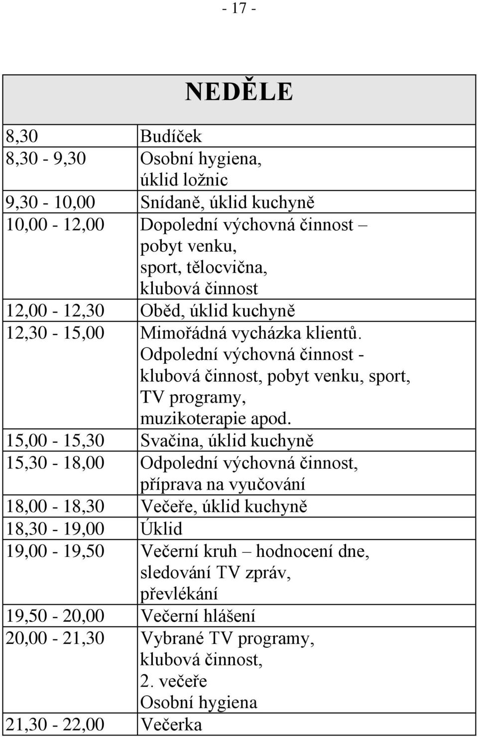 Odpolední výchovná činnost - klubová činnost, pobyt venku, sport, TV programy, muzikoterapie apod.