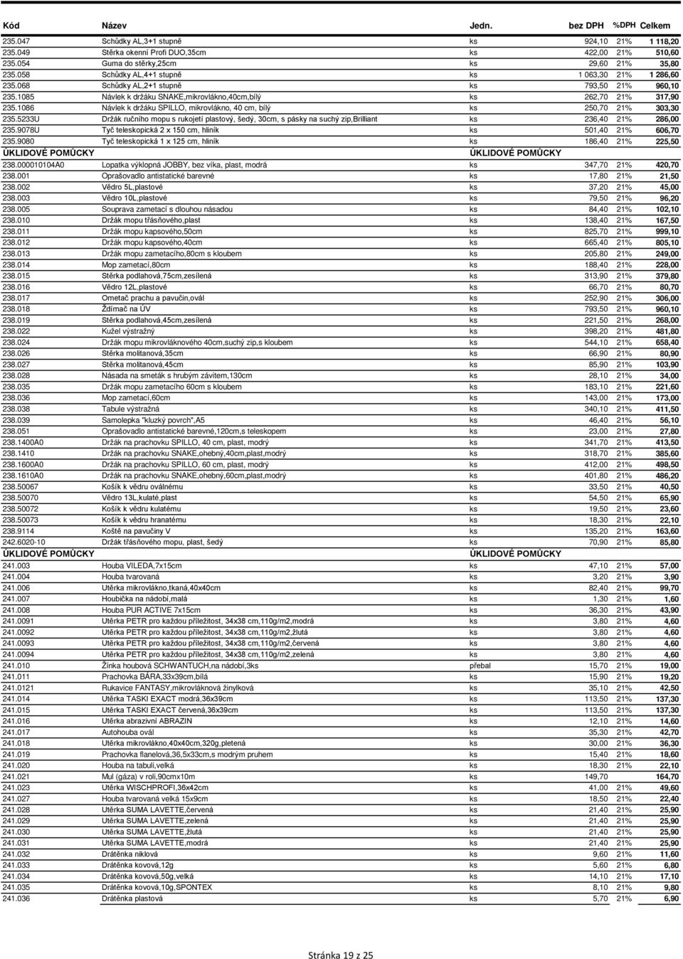 1086 Návlek k držáku SPILLO, mikrovlákno, 40 cm, bílý ks 250,70 21% 303,30 235.5233U Držák ručního mopu s rukojetí plastový, šedý, 30cm, s pásky na suchý zip,brilliant ks 236,40 21% 286,00 235.