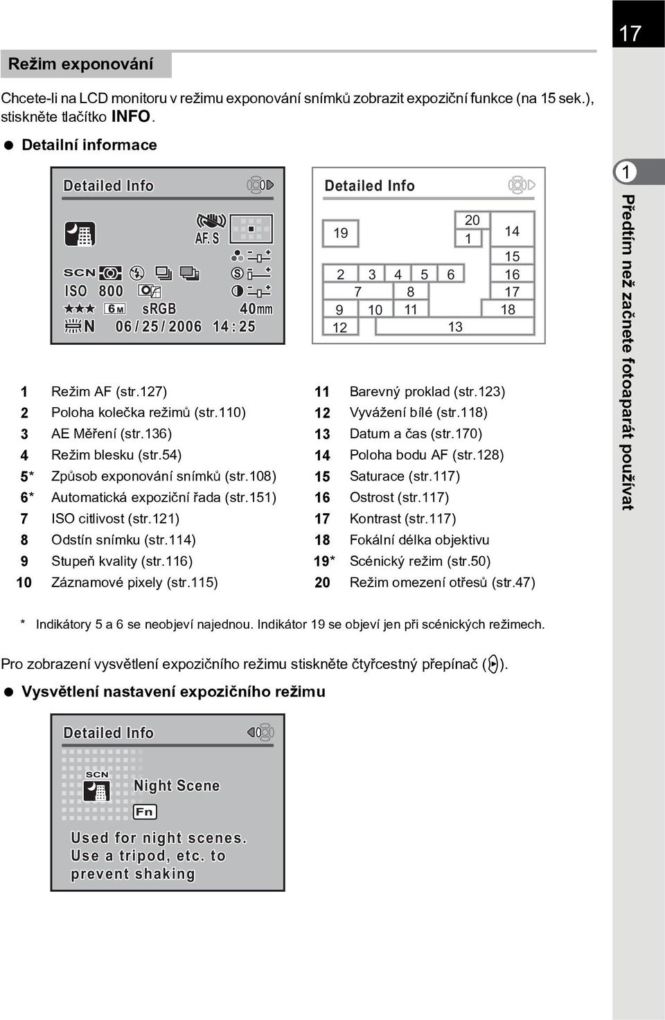 136) 13 Datum a èas (str.170) 4 Režim blesku (str.54) 14 Poloha bodu AF (str.128) 5* Zpùsob exponování snímkù (str.108) 15 Saturace (str.117) 6* Automatická expozièní øada (str.151) 16 Ostrost (str.