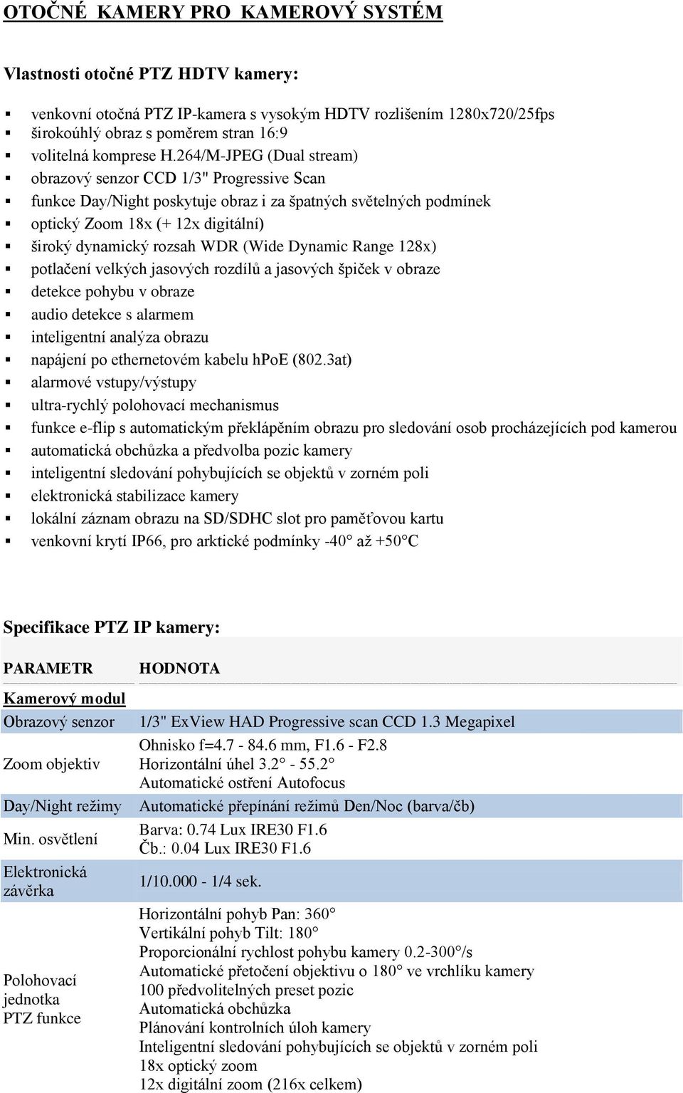 (Wide Dynamic Range 128x) potlačení velkých jasových rozdílů a jasových špiček v obraze detekce pohybu v obraze audio detekce s alarmem inteligentní analýza obrazu napájení po ethernetovém kabelu