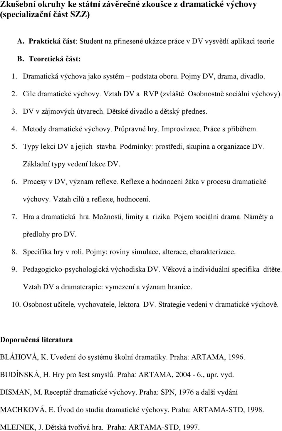 Dětské divadlo a dětský přednes. 4. Metody dramatické výchovy. Průpravné hry. Improvizace. Práce s příběhem. 5. Typy lekcí DV a jejich stavba. Podmínky: prostředí, skupina a organizace DV.