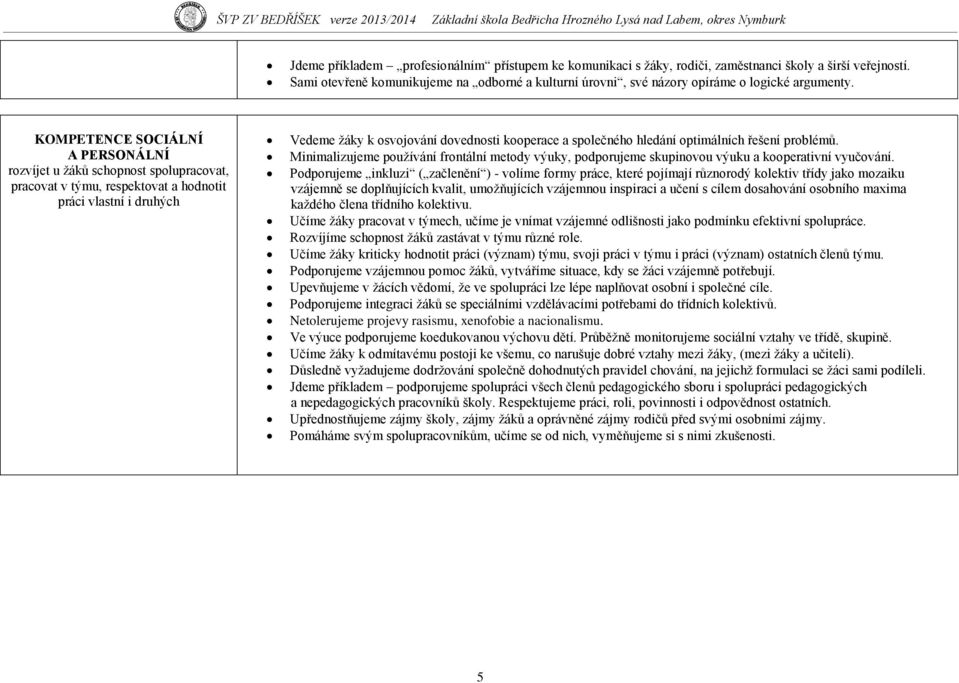 KOMPETENCE SOCIÁLNÍ A PERSONÁLNÍ rozvíjet u ţáků schopnost spolupracovat, pracovat v týmu, respektovat a hodnotit práci vlastní i druhých Vedeme ţáky k osvojování dovednosti kooperace a společného