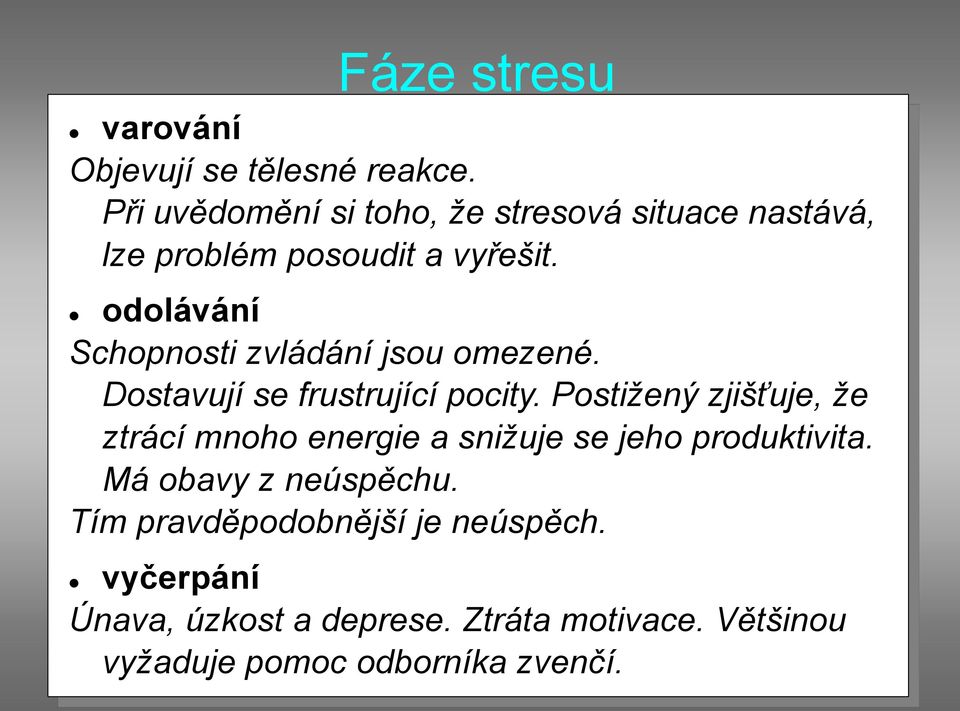 odolávání Schopnosti zvládání jsou omezené. Dostavují se frustrující pocity.