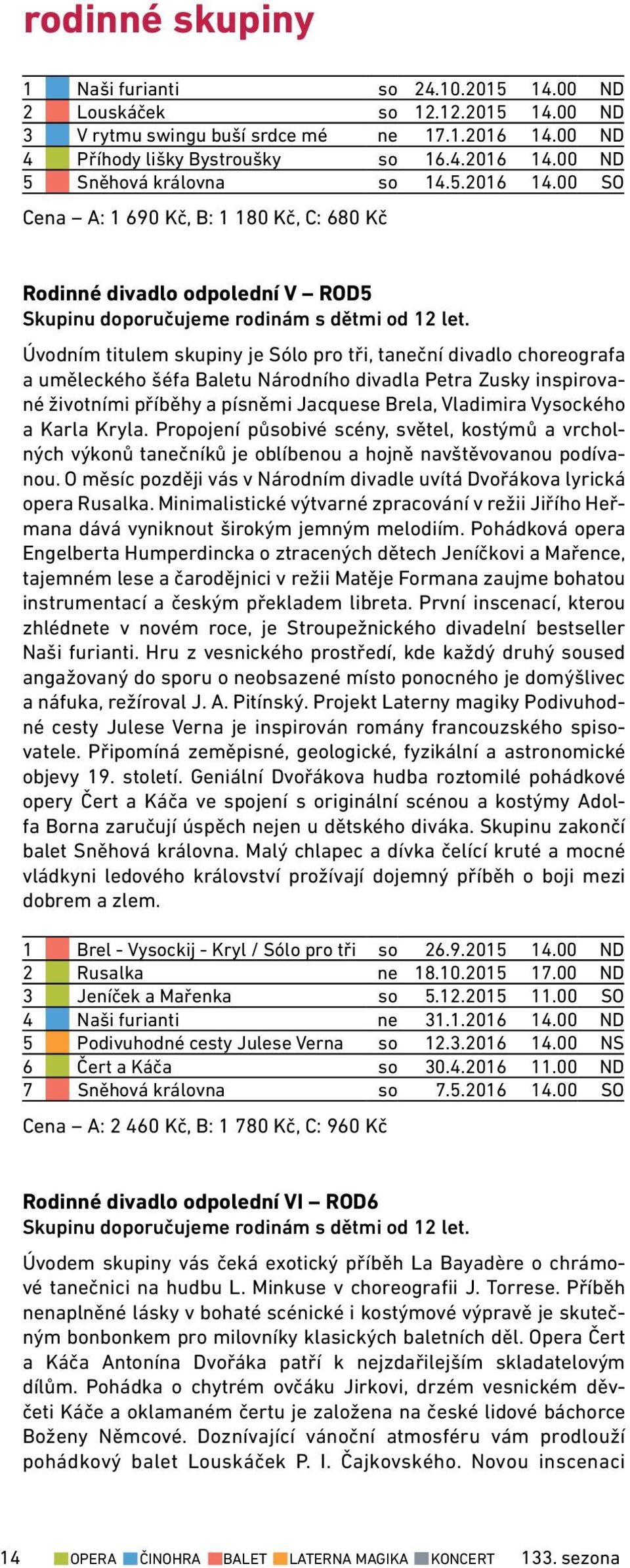 Úvodním titulem skupiny je Sólo pro tři, taneční divadlo choreografa a uměleckého šéfa Baletu Národního divadla Petra Zusky inspirované životními příběhy a písněmi Jacquese Brela, Vladimira Vysockého