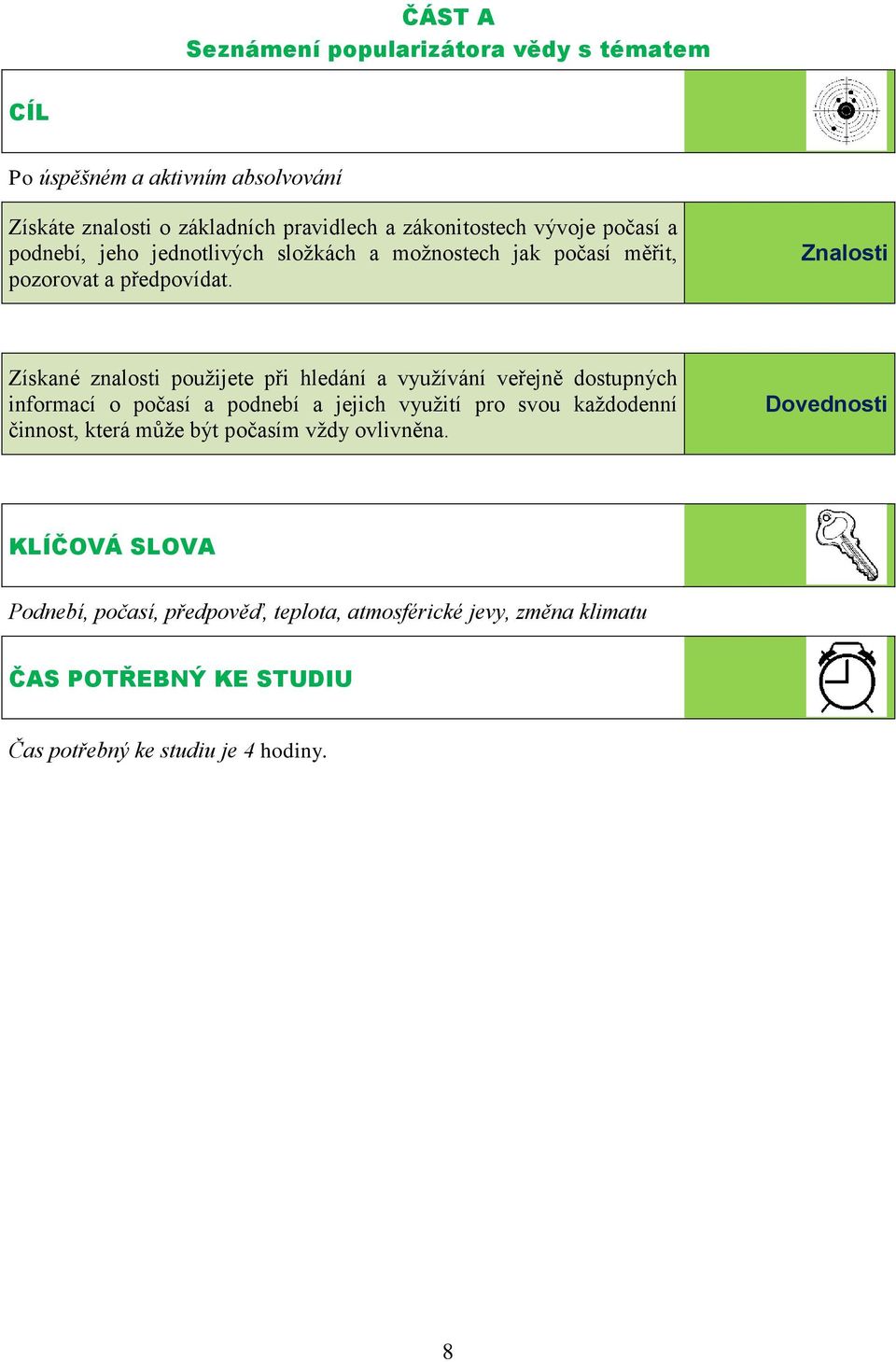 Znalosti Získané znalosti použijete při hledání a využívání veřejně dostupných informací o počasí a podnebí a jejich využití pro svou každodenní