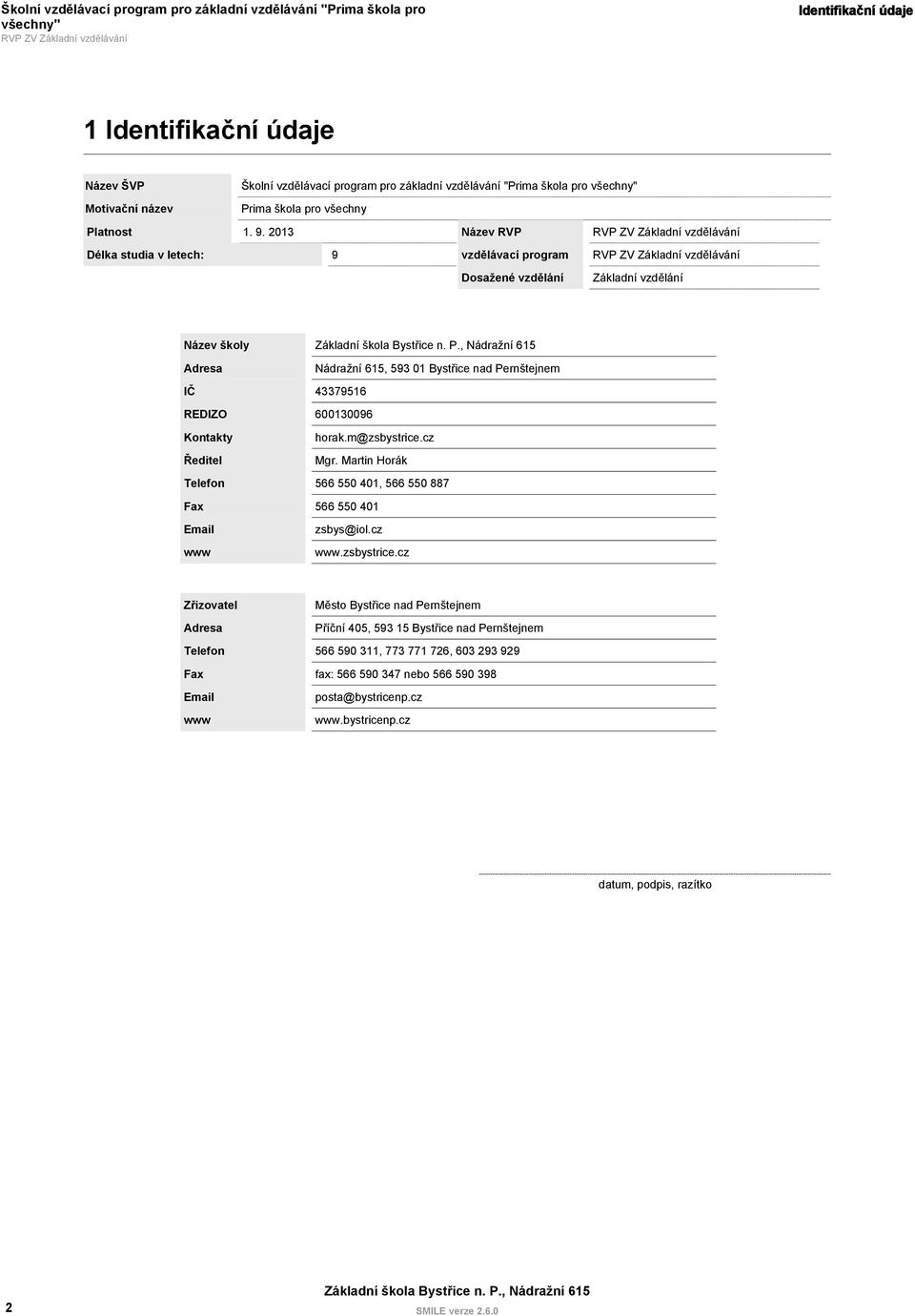 2013 Název RVP Délka studia v letech: 9 vzdělávací program Dosažené vzdělání Základní vzdělání Název školy Adresa Nádražní 615, 593 01 Bystřice nad Pernštejnem IČ 43379516 REDIZO 600130096 Kontakty