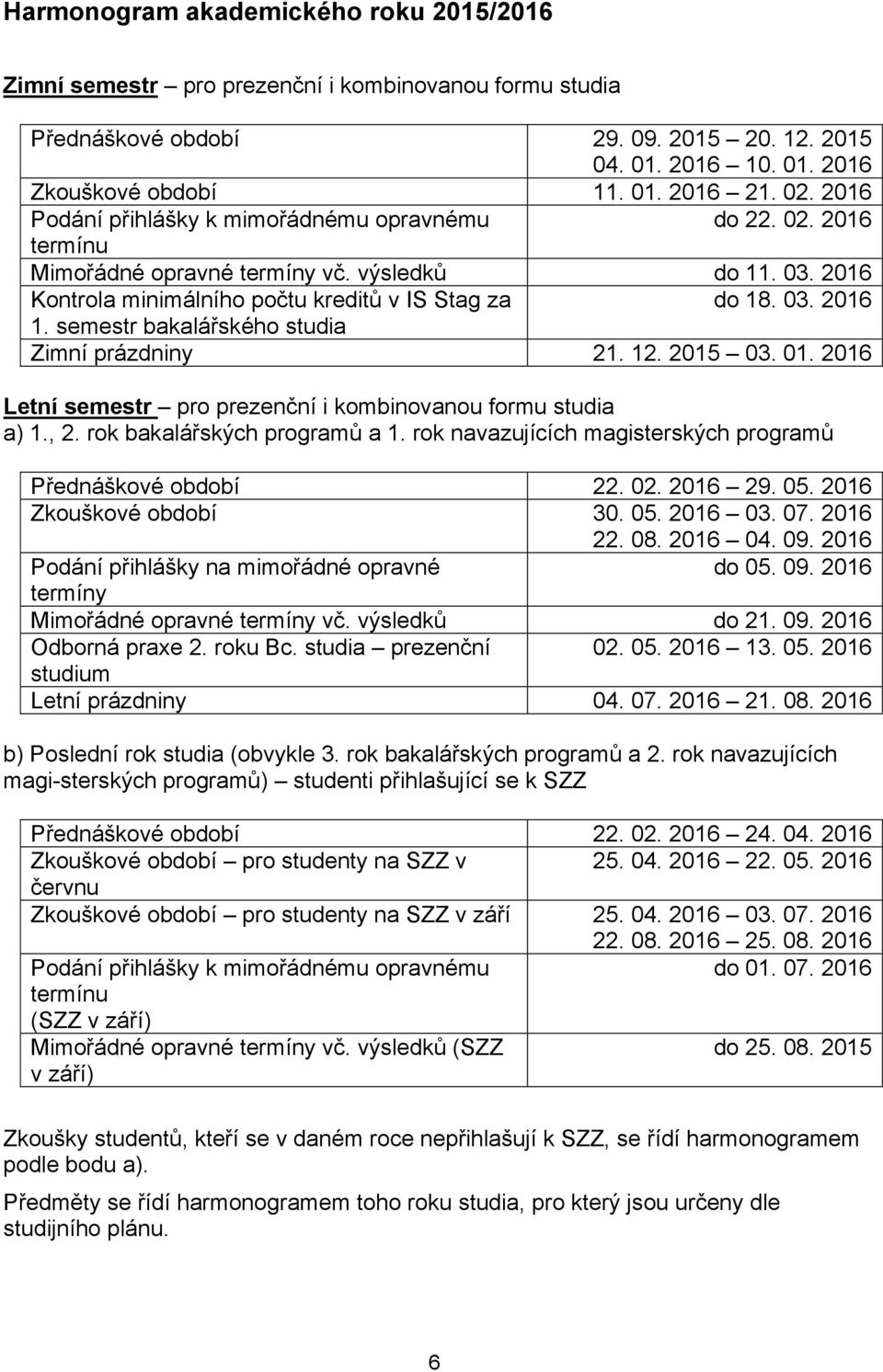 semestr bakalářského studia Zimní prázdniny 21. 12. 2015 03. 01. 2016 Letní semestr pro prezenční i kombinovanou formu studia a) 1., 2. rok bakalářských programů a 1.