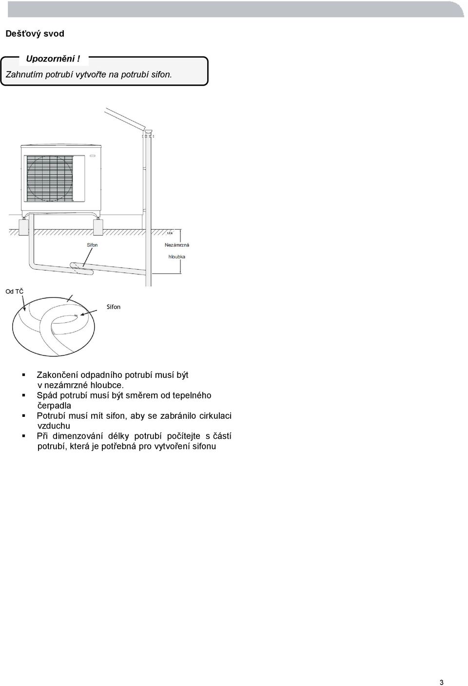 Spád potrubí musí být směrem od tepelného čerpadla Potrubí musí mít sifon, aby se
