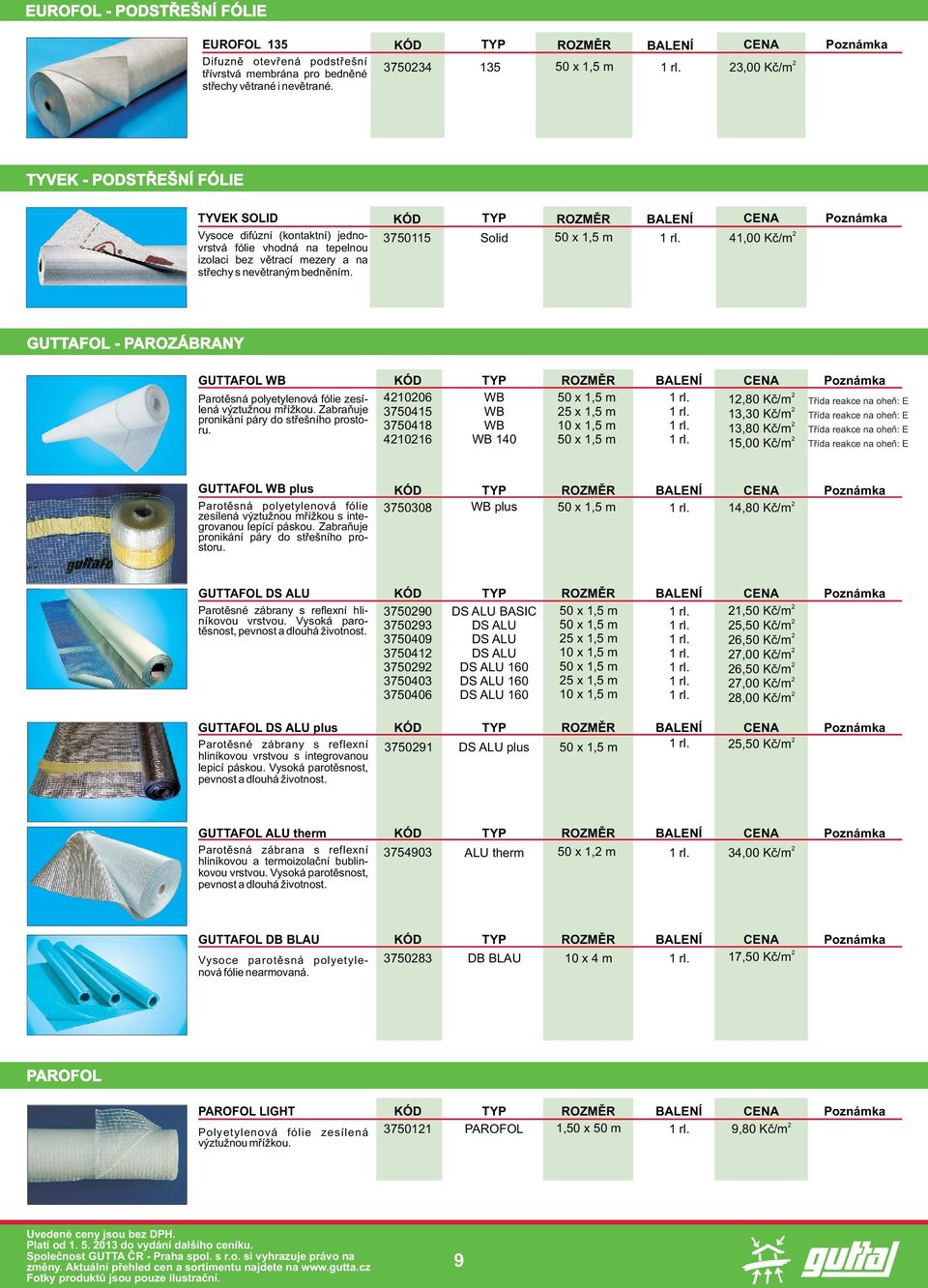 3750115 Solid 50 x 1,5 m 1 rl. 41,00 Kè/m GUTTAFOL - PAROZÁBRANY GUTTAFOL WB Parotìsná polyetylenová fólie zesílená výztužnou møížkou. Zabraòuje pronikání páry do støešního prostoru.