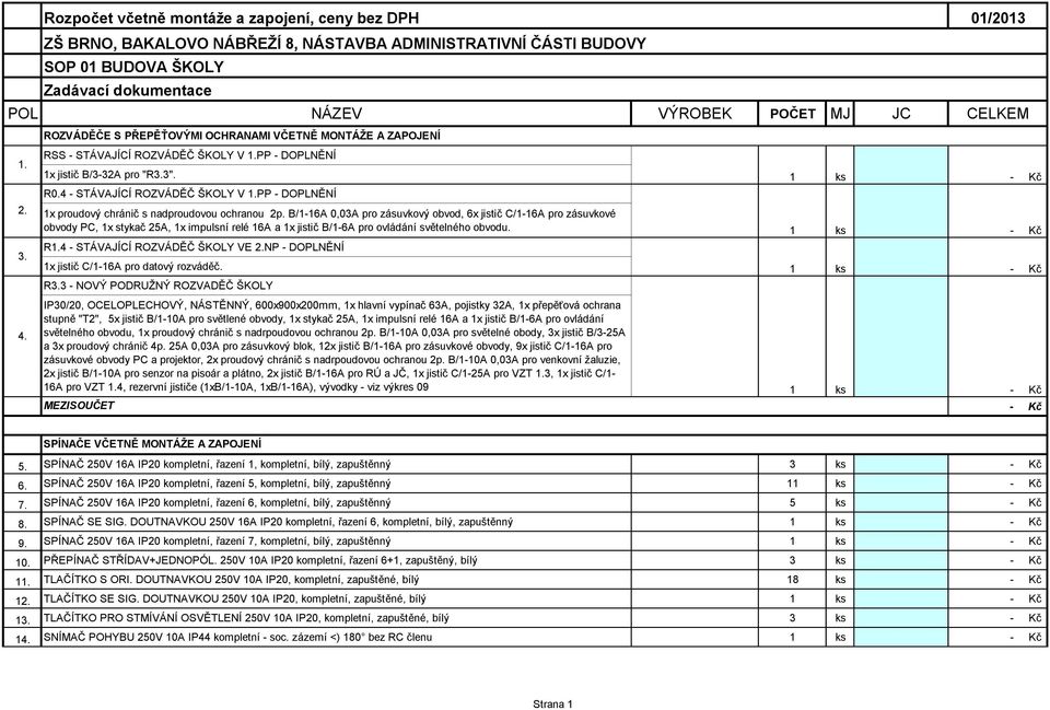 MONTÁŽE A ZAPOJENÍ RSS - STÁVAJÍCÍ ROZVÁDĚČ ŠKOLY V 1.PP - DOPLNĚNÍ 1x jistič B/3-32A pro "R3.3". R0.4 - STÁVAJÍCÍ ROZVÁDĚČ ŠKOLY V 1.PP - DOPLNĚNÍ 1x proudový chránič s nadproudovou ochranou 2p.