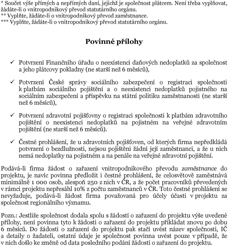 Povinné přílohy Potvrzení Finančního úřadu o neexistenci daňových nedoplatků za společnost a jeho plátcovy pokladny (ne starší než 6 měsíců), Potvrzení České správy sociálního zabezpečení o