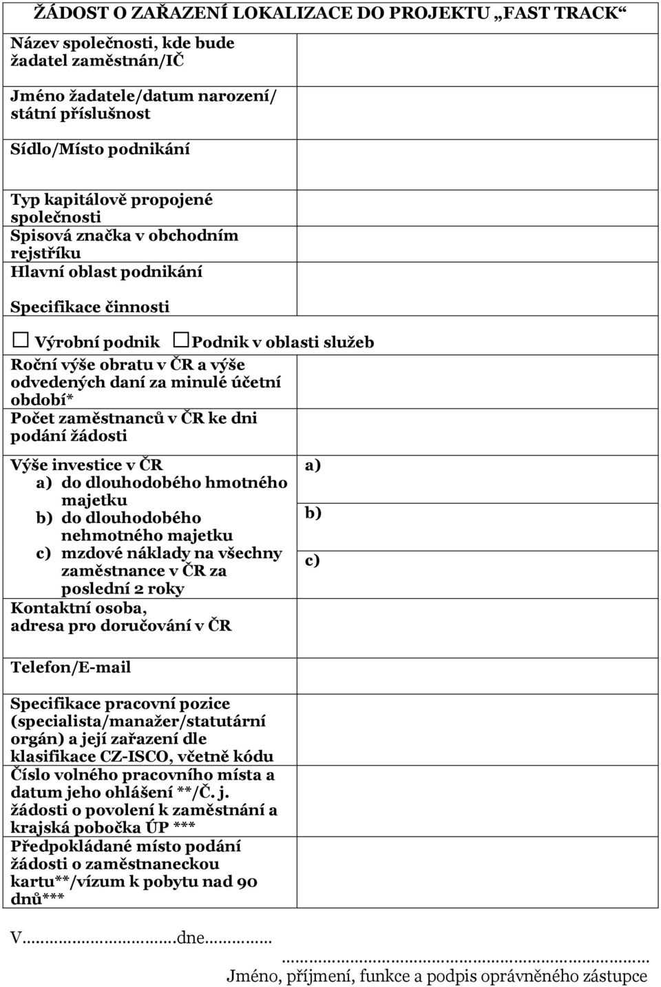 období* Počet zaměstnanců v ČR ke dni podání žádosti Výše investice v ČR a) do dlouhodobého hmotného majetku b) do dlouhodobého nehmotného majetku c) mzdové náklady na všechny zaměstnance v ČR za