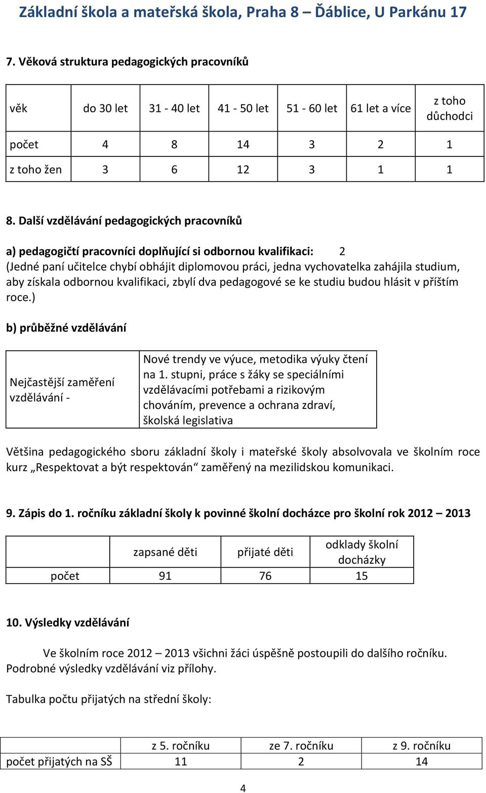 získala odbornou kvalifikaci, zbylí dva pedagogové se ke studiu budou hlásit v příštím roce.) b) průběžné vzdělávání Nejčastější zaměření vzdělávání - Nové trendy ve výuce, metodika výuky čtení na 1.