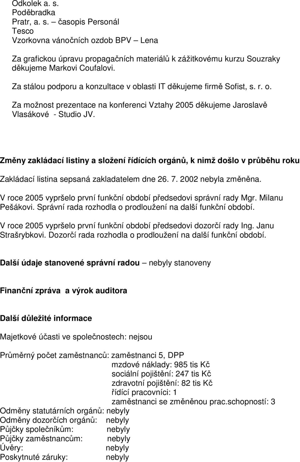 Změny zakládací listiny a složení řídících orgánů, k nimž došlo v průběhu roku Zakládací listina sepsaná zakladatelem dne 26. 7. 2002 nebyla změněna.