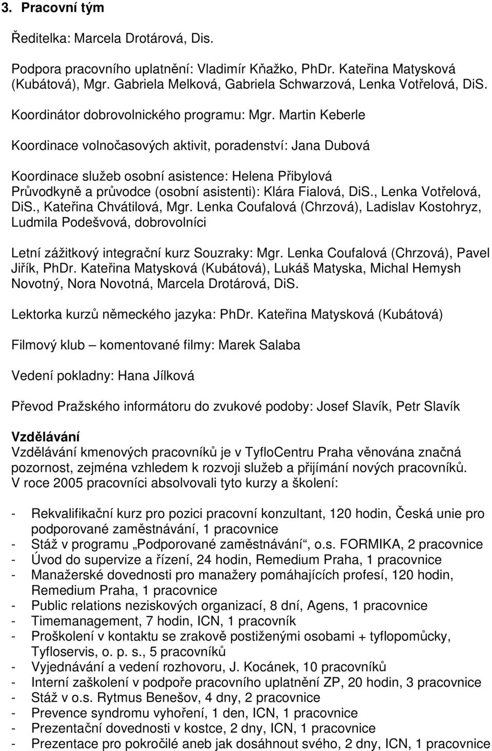 Martin Keberle Koordinace volnočasových aktivit, poradenství: Jana Dubová Koordinace služeb osobní asistence: Helena Přibylová Průvodkyně a průvodce (osobní asistenti): Klára Fialová, DiS.