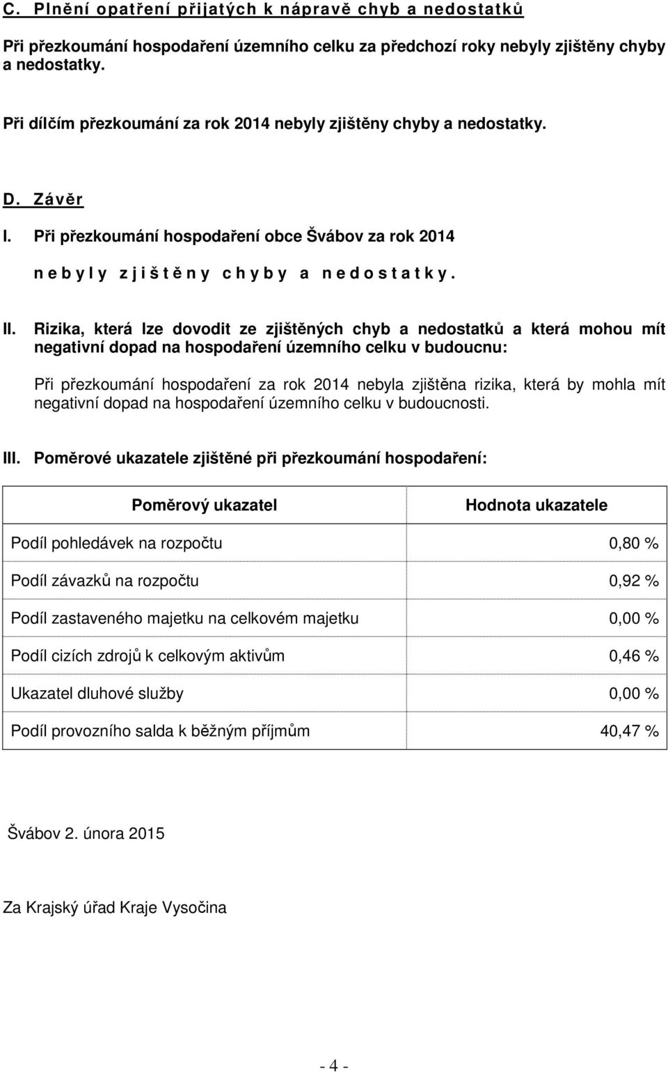 Rizika, která lze dovodit ze zjištěných chyb a nedostatků a která mohou mít negativní dopad na hospodaření územního celku v budoucnu: Při přezkoumání hospodaření za rok 2014 nebyla zjištěna rizika,