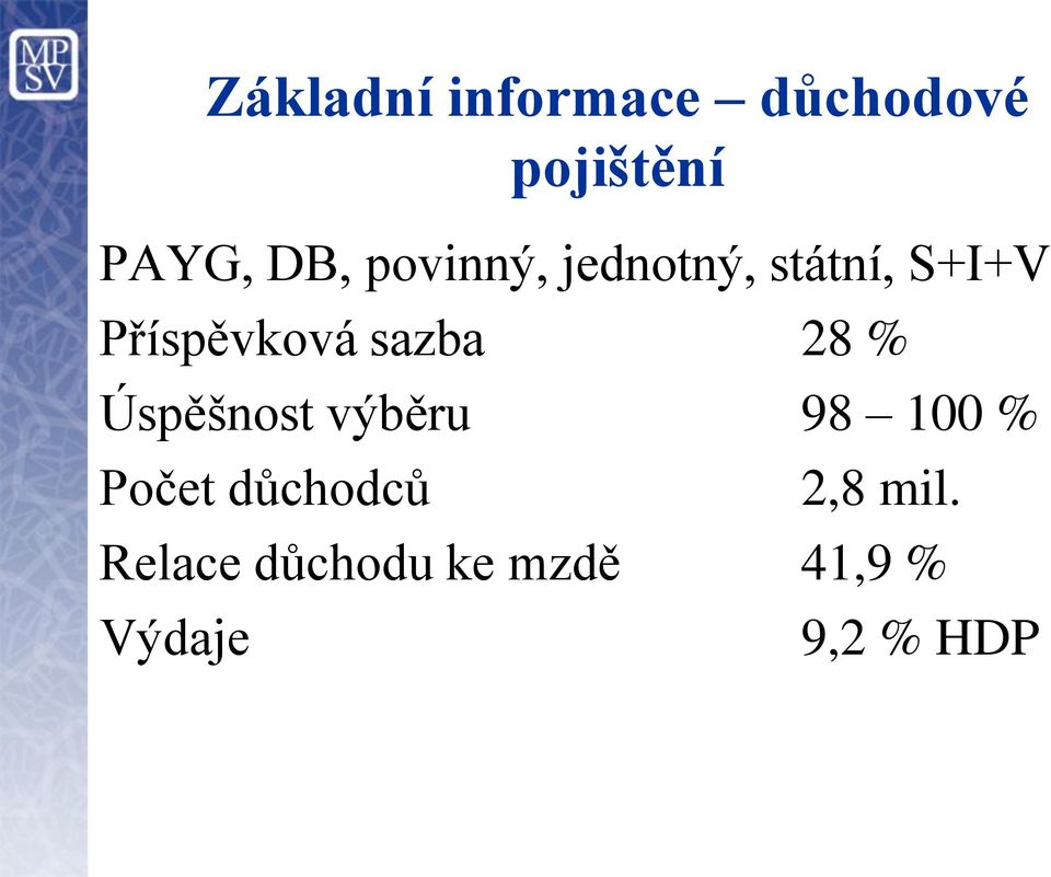 28 % Úspěšnost výběru 98 100 % Počet důchodců 2,8