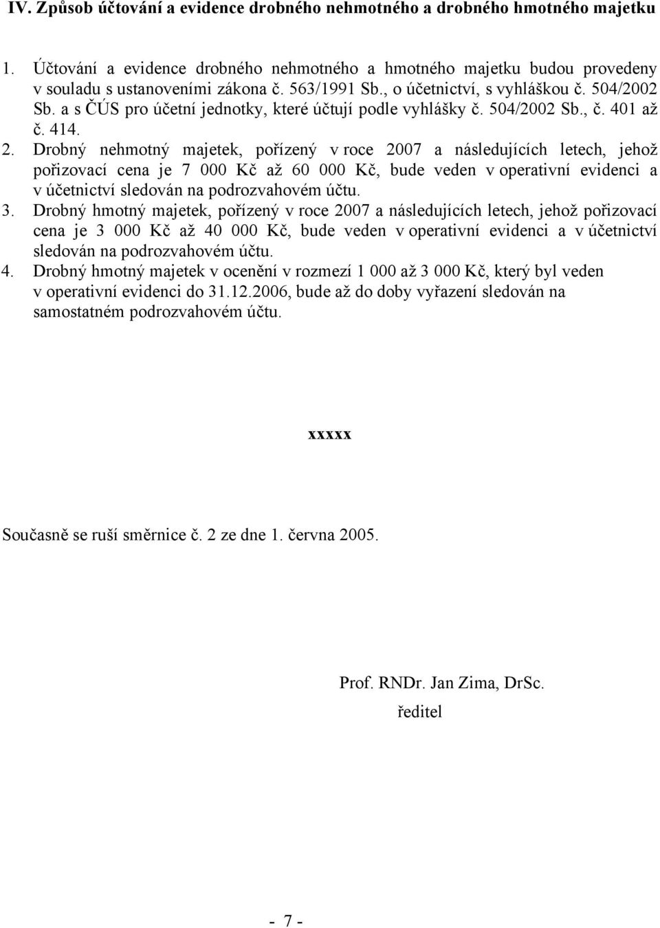 Drobný nehmotný majetek, pořízený v roce 2007 a následujících letech, jehož pořizovací cena je 7 000 Kč až 60 000 Kč, bude veden v operativní evidenci a v účetnictví sledován na podrozvahovém účtu. 3.