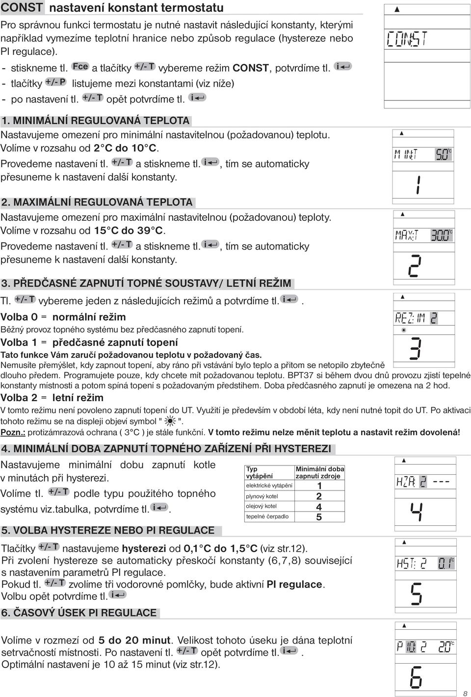 MINIMÁLNÍ REGULOVANÁ TEPLOTA Nastavujeme omezení pro minimální nastavitelnou (požadovanou) teplotu. Volíme v rozsahu od 2 C do 10 C. Provedeme nastavení tl. +/- T a stiskneme tl.