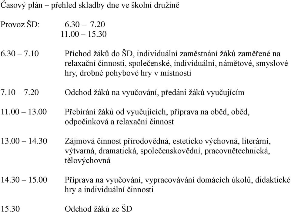 10 Příchod žáků do ŠD, individuální zaměstnání žáků zaměřené na relaxační činnosti, společenské, individuální, námětové, smyslové hry, drobné pohybové hry v místnosti 7.