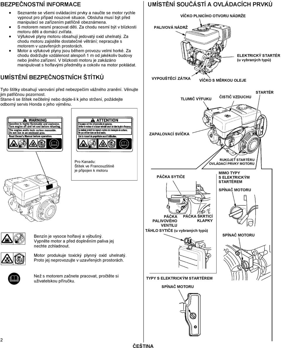 Za chodu motoru zajistěte dostatečné větrání; nepracujte s motorem v uzavřených prostorách. Motor a výfukové plyny jsou během provozu velmi horké.