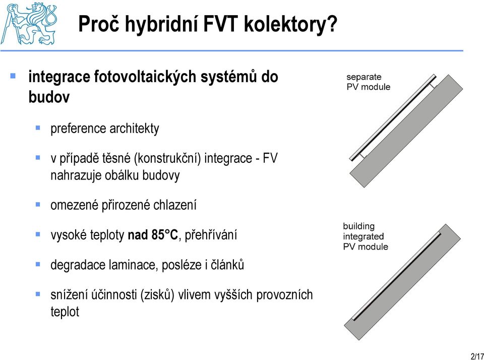 (konstrukční) integrace - FV nahrazuje obálku budovy omezené přirozené chlazení