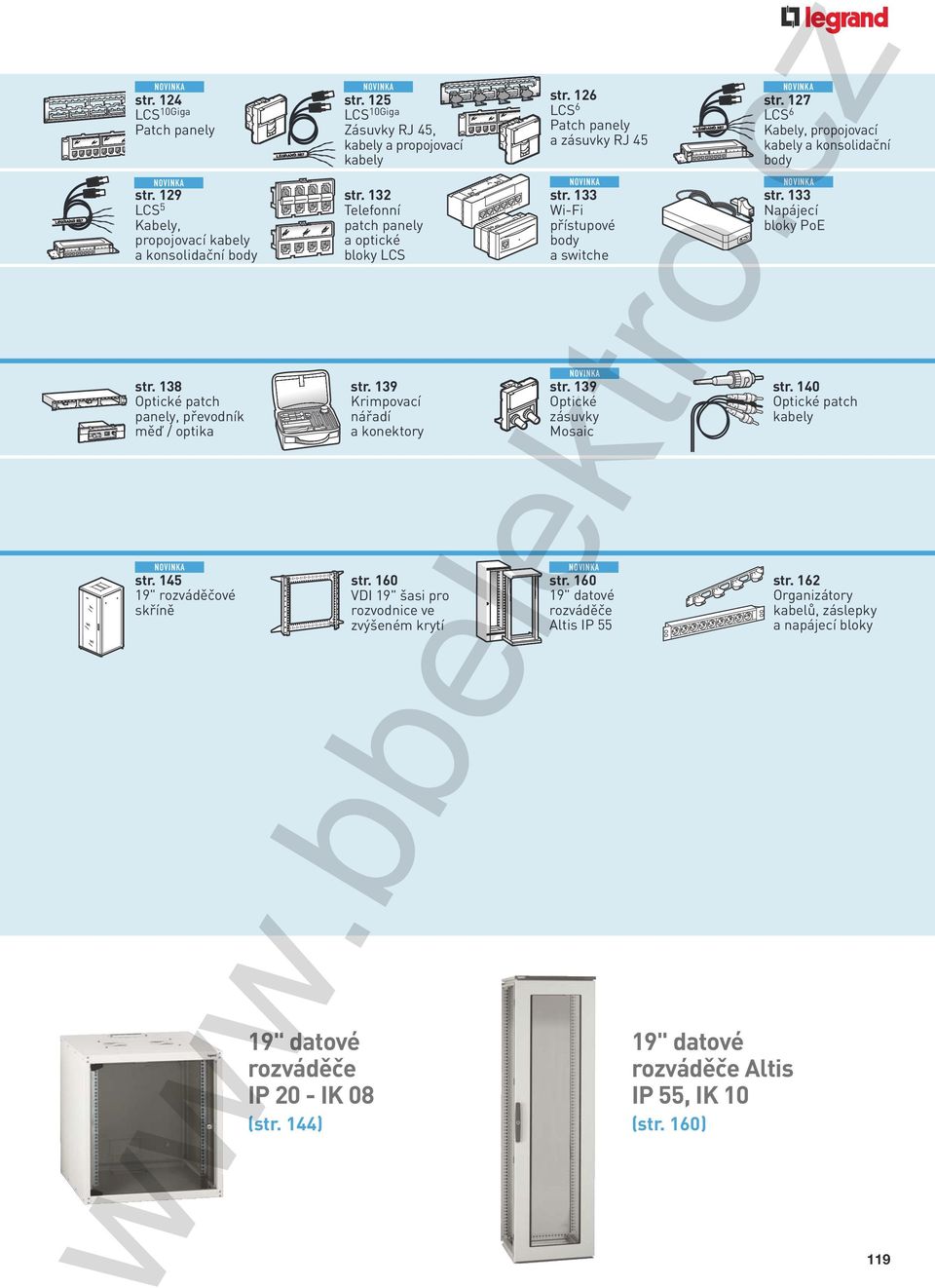 139 Krimpovací nářadí a konektory str. 140 Optické patch kabely str. 160 VDI 19" šasi pro rozvodnice ve zvýšeném krytí str. 162 Organizátory kabelů, záslepky a napájecí bloky str.