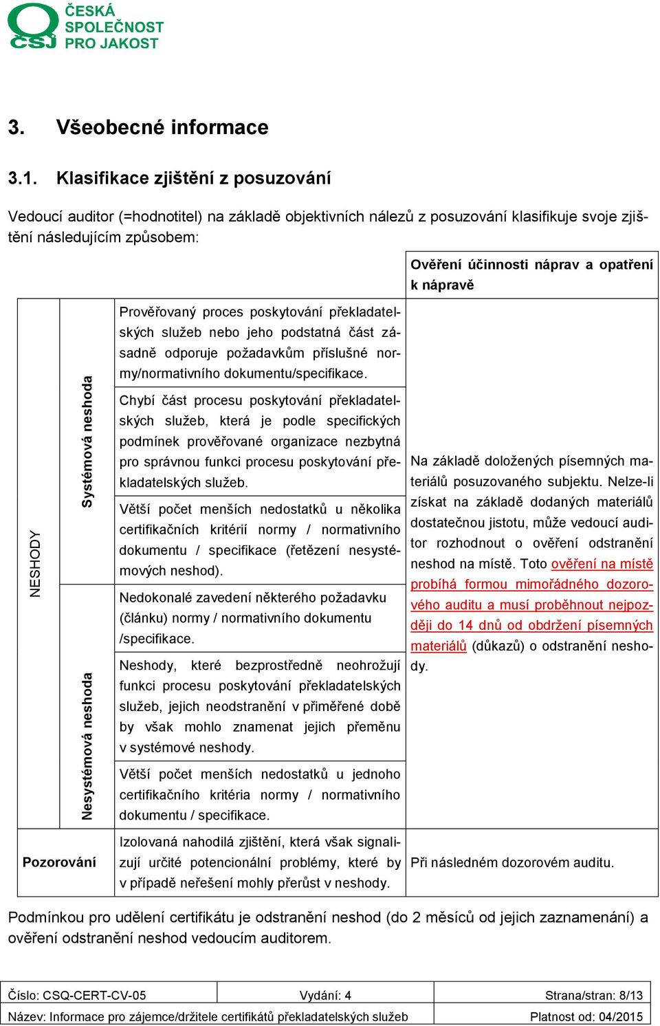 překladatelských služeb nebo jeho podstatná část zásadně odporuje požadavkům příslušné normy/normativního dokumentu/specifikace.