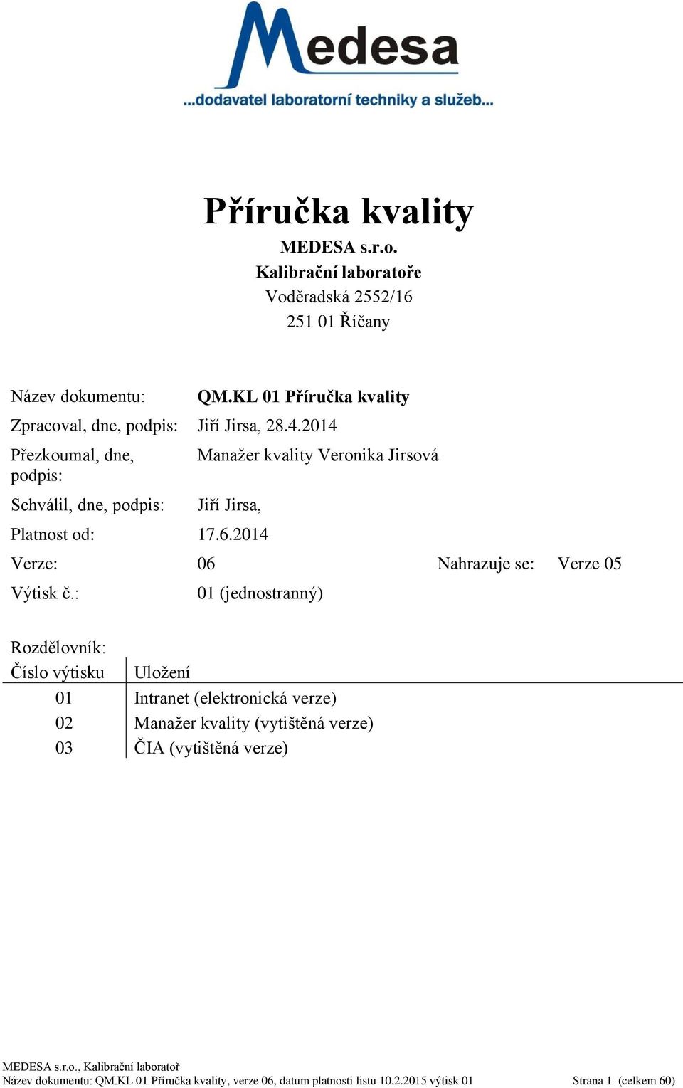 2014 Přezkoumal, dne, podpis: Schválil, dne, podpis: Manažer kvality Veronika Jirsová Jiří Jirsa, Platnost od: 17.6.