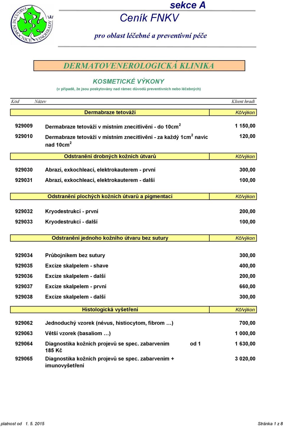 929033 Kryodestrukcí - první Kryodestrukcí - další 200,00 100,00 Odstranění jednoho kožního útvaru bez sutury 929034 929035 929036 929037 Průbojníkem bez sutury Excize skalpelem - shave Excize