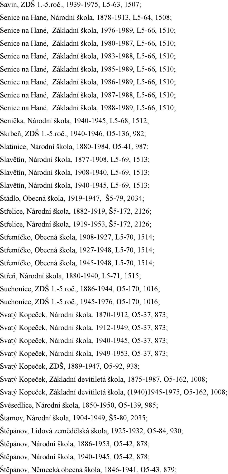 na Hané, Základní škola, 1983-1988, L5-66, 1510; Senice na Hané, Základní škola, 1985-1989, L5-66, 1510; Senice na Hané, Základní škola, 1986-1989, L5-66, 1510; Senice na Hané, Základní škola,