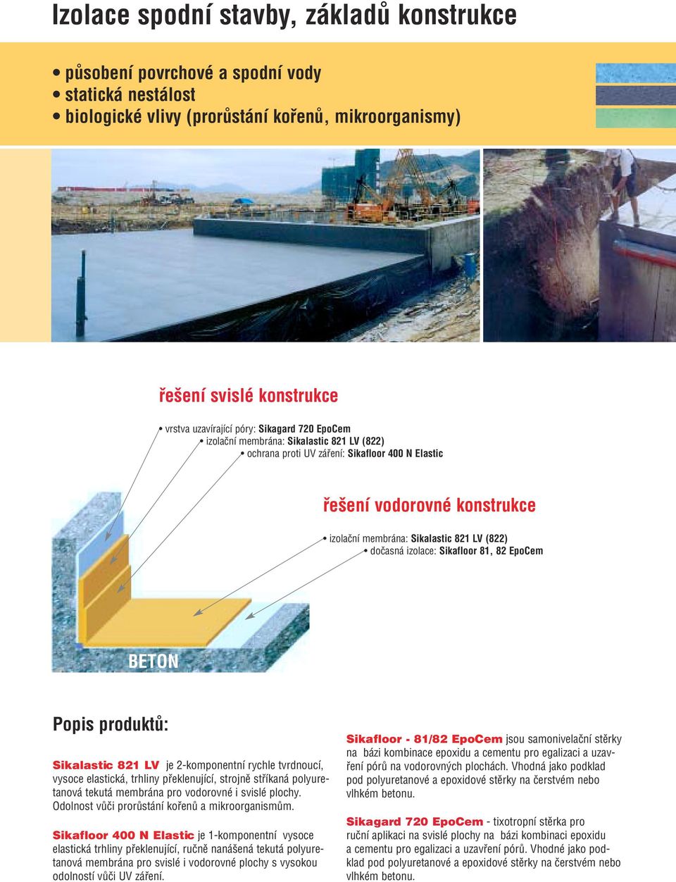 Sikafloor 81, 82 EpoCem Sikalastic 821 LV je 2-komponentní rychle tvrdnoucí, vysoce elastická, trhliny překlenující, strojně stříkaná polyuretanová tekutá membrána pro vodorovné i svislé plochy.