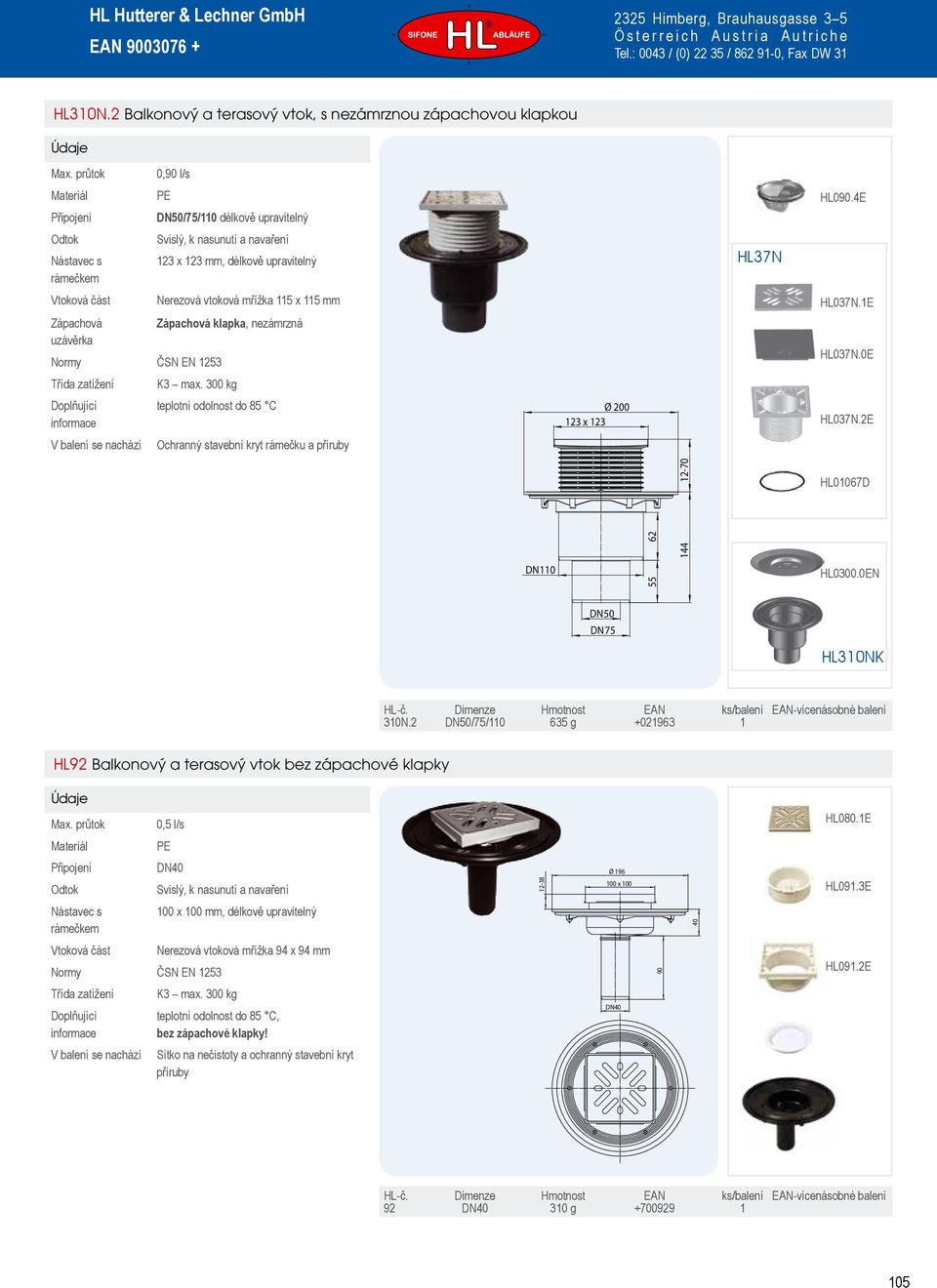 300 kg teplotní odolnost do 85 C Ø 200 Ochranný stavební kryt rámečku a příruby 12-70 HL01067D 144 62 DN110 55 HL310NK 310N.