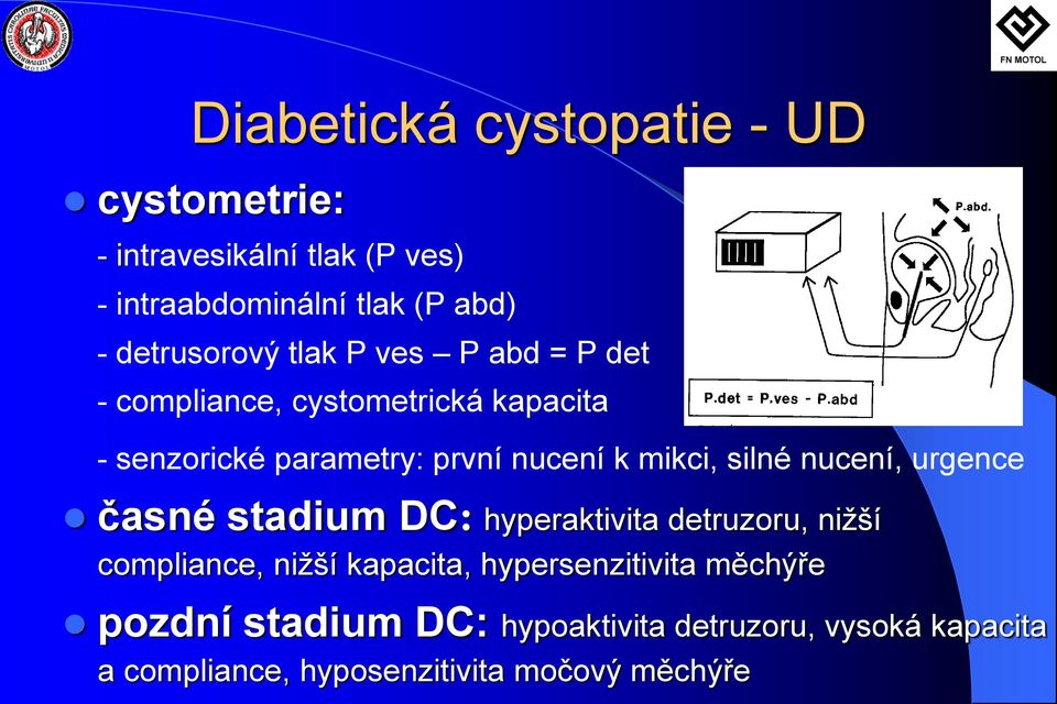 mikci, silné nucení, urgence časné stadium DC: hyperaktivita detruzoru, nižší compliance, nižší kapacita,