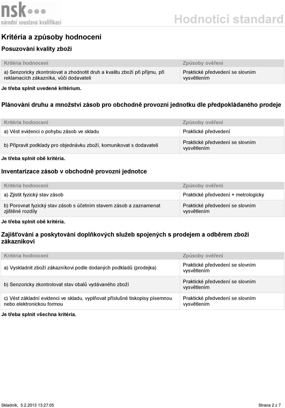 Plánování druhu a množství zásob pro obchodně provozní jednotku dle předpokládaného prodeje a) Vést evidenci o pohybu zásob ve skladu Praktické předvedení b) Připravit podklady pro objednávku zboží,