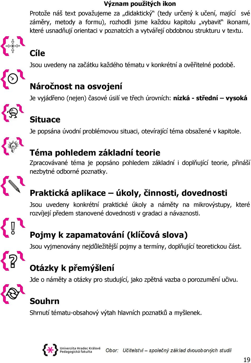 Náročnost na osvojení Je vyjádřeno (nejen) časové úsilí ve třech úrovních: nízká - střední vysoká Situace Je popsána úvodní problémovou situaci, otevírající téma obsažené v kapitole.