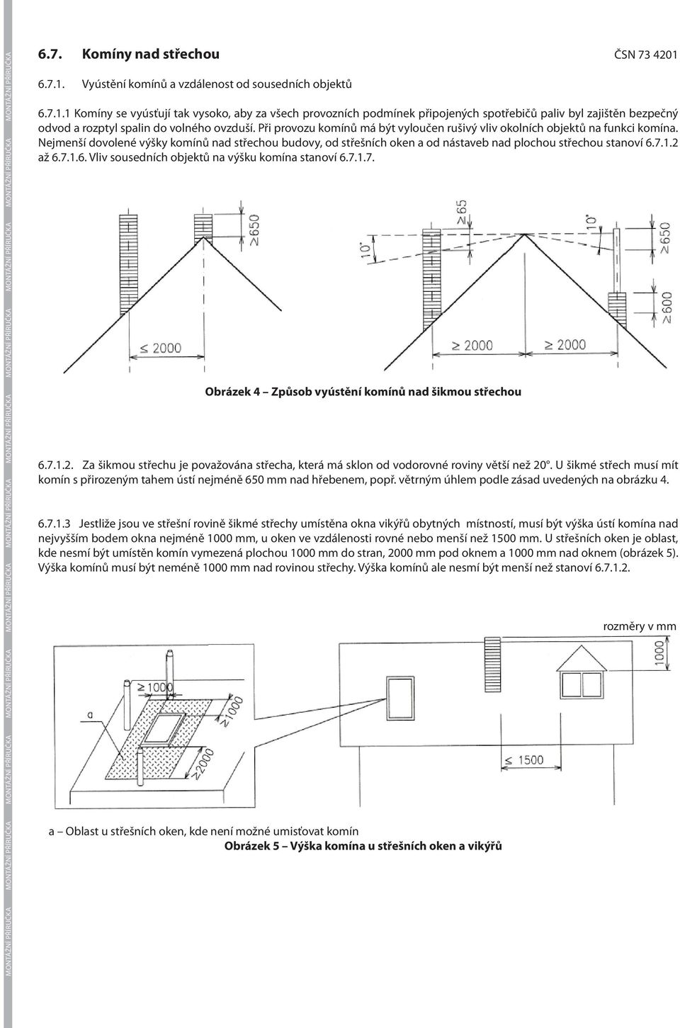1.2 až 6.7.1.6. Vliv sousedních objektů na výšku komína stanoví 6.7.1.7. Obrázek 4 Způsob vyústění komínů nad šikmou střechou 6.7.1.2. Za šikmou střechu je považována střecha, která má sklon od vodorovné roviny větší než 20.