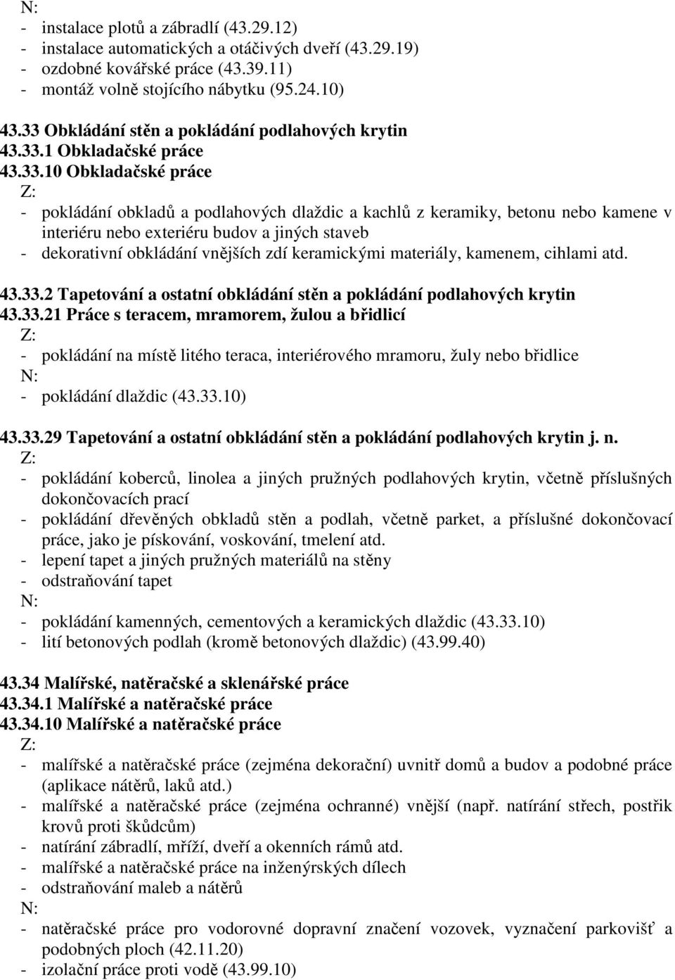 nebo exteriéru budov a jiných staveb - dekorativní obkládání vnějších zdí keramickými materiály, kamenem, cihlami atd. 43.33.