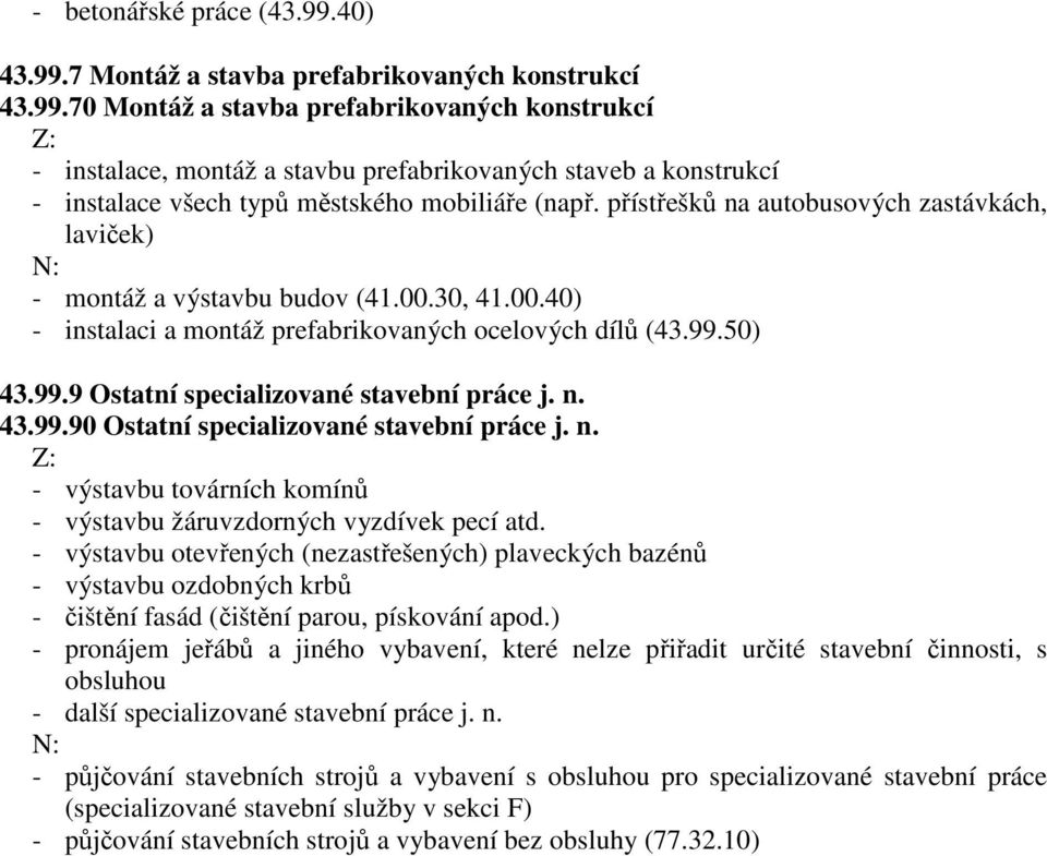 n. 43.99.90 Ostatní specializované stavební práce j. n. - výstavbu továrních komínů - výstavbu žáruvzdorných vyzdívek pecí atd.