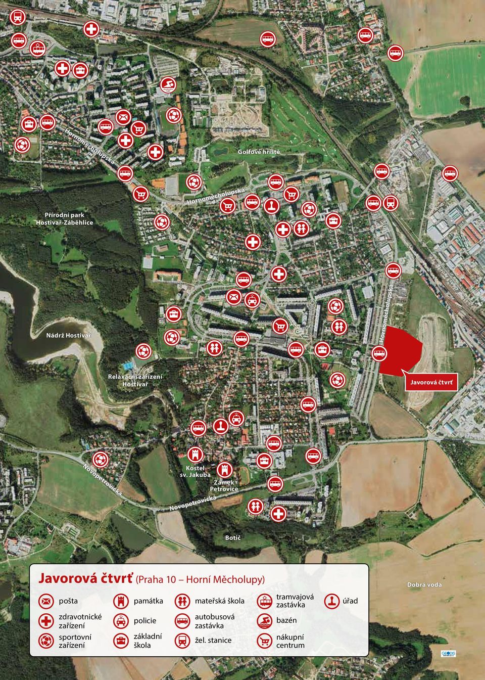 Jakuba Zámek Petrovice Novopetrovická Botič Javorová čtvrť (Praha 10 Horní Měcholupy) pošta zdravotnické