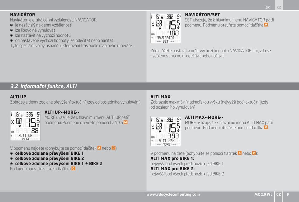 sledování tras podle map nebo itineráře. NAVIGÁTOR/SET SET ukazuje, že k hlavnímu menu NAVIGATOR patří podmenu. Podmenu otevřete pomocí tlačítka M.