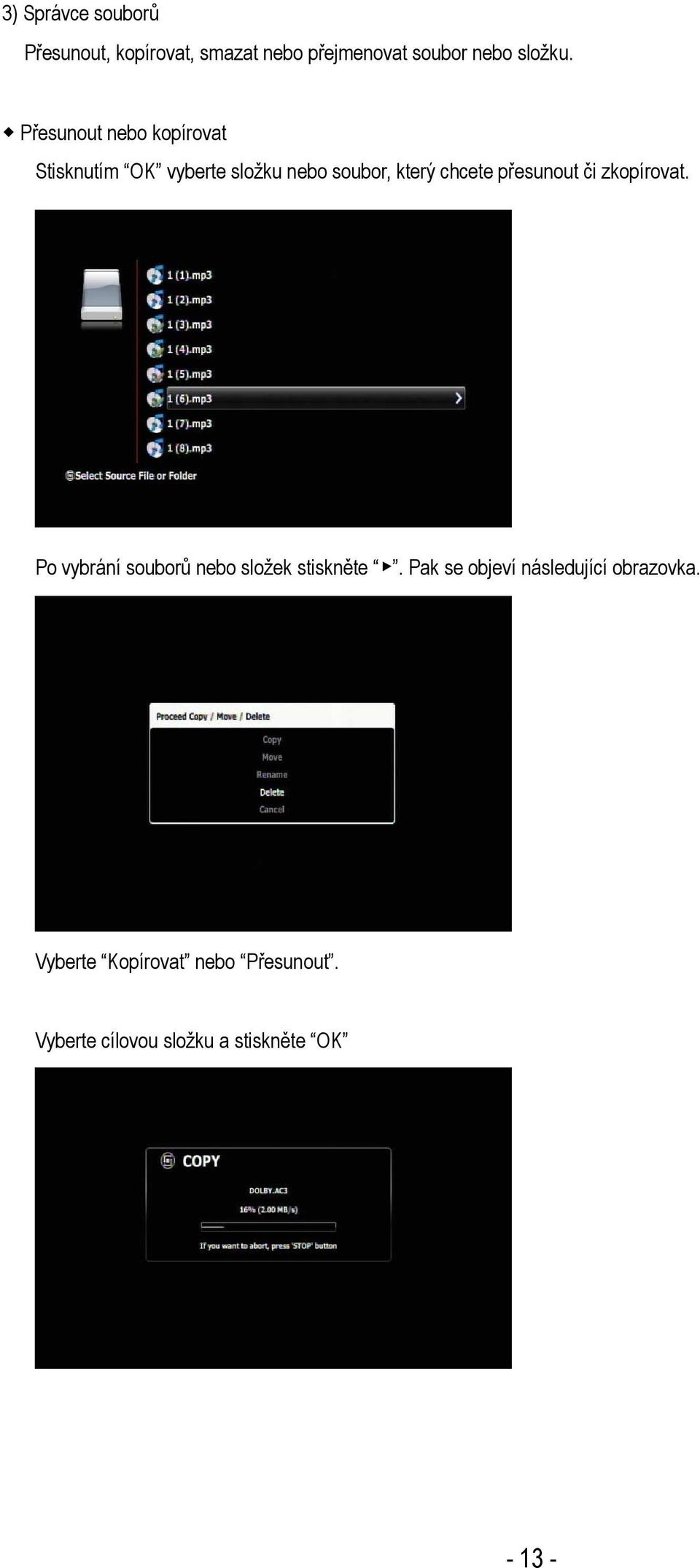 přesunout či zkopírovat. Po vybrání souborů nebo složek stiskněte.