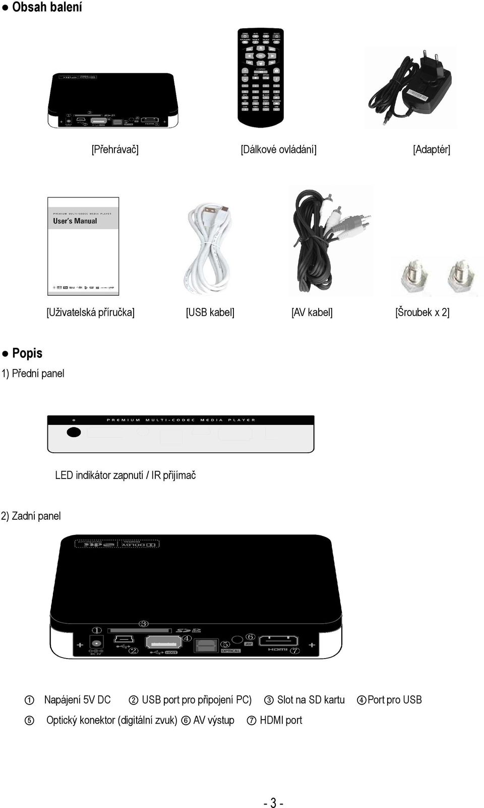 přijímač 2) Zadní panel 1 Napájení 5V DC 2 USB port pro připojení PC) 3 Slot na SD