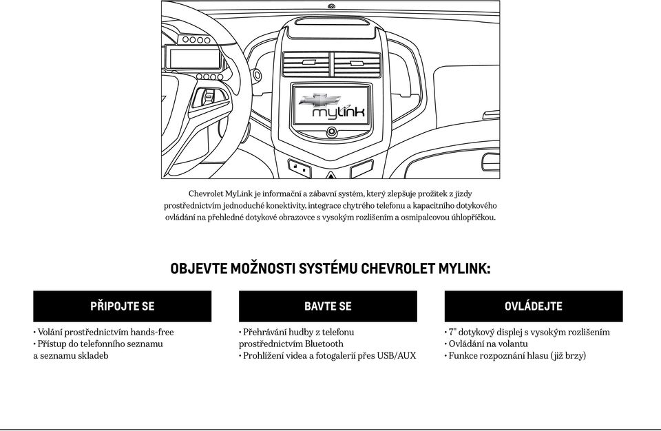 OBJEVTE MOŽNOSTI SYSTÉMU CHEVROLET MYLINK: PŘIPOJTE SE BAVTE SE OVLÁDEJTE Volání prostřednictvím hands-free Přístup do telefonního seznamu a seznamu