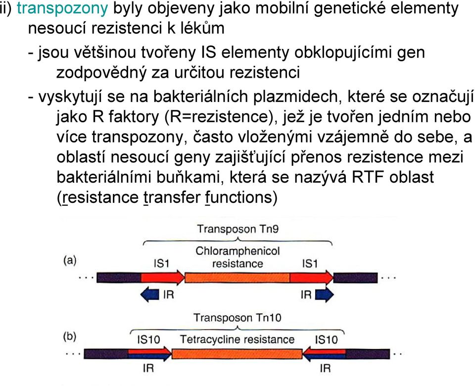 jako R faktory (R=rezistence), jež je tvořen jedním nebo více transpozony, často vloženými vzájemně do sebe, a oblastí