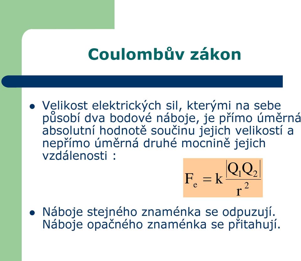 velikostí a nepřímo úměrná druhé mocnině jejich vzdálenosti : F e k Q Q