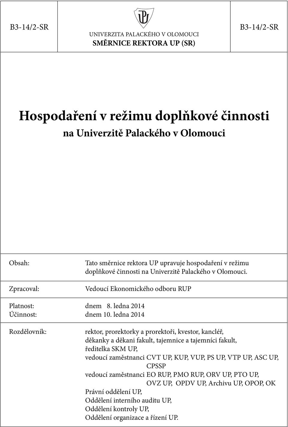 ledna 2014 Rozdělovník: rektor, prorektorky a prorektoři, kvestor, kancléř, děkanky a děkani fakult, tajemnice a tajemníci fakult, ředitelka SKM UP, vedoucí zaměstnanci CVT UP, KUP, VUP, PS UP,