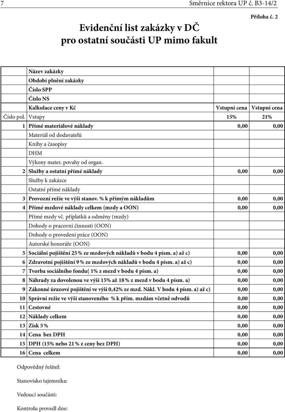 Vstupy 15% 21% 1 Přímé materiálové náklady 0,00 0,00 Materiál od dodavatelů Knihy a časopisy DHM Výkony mater. povahy od organ.