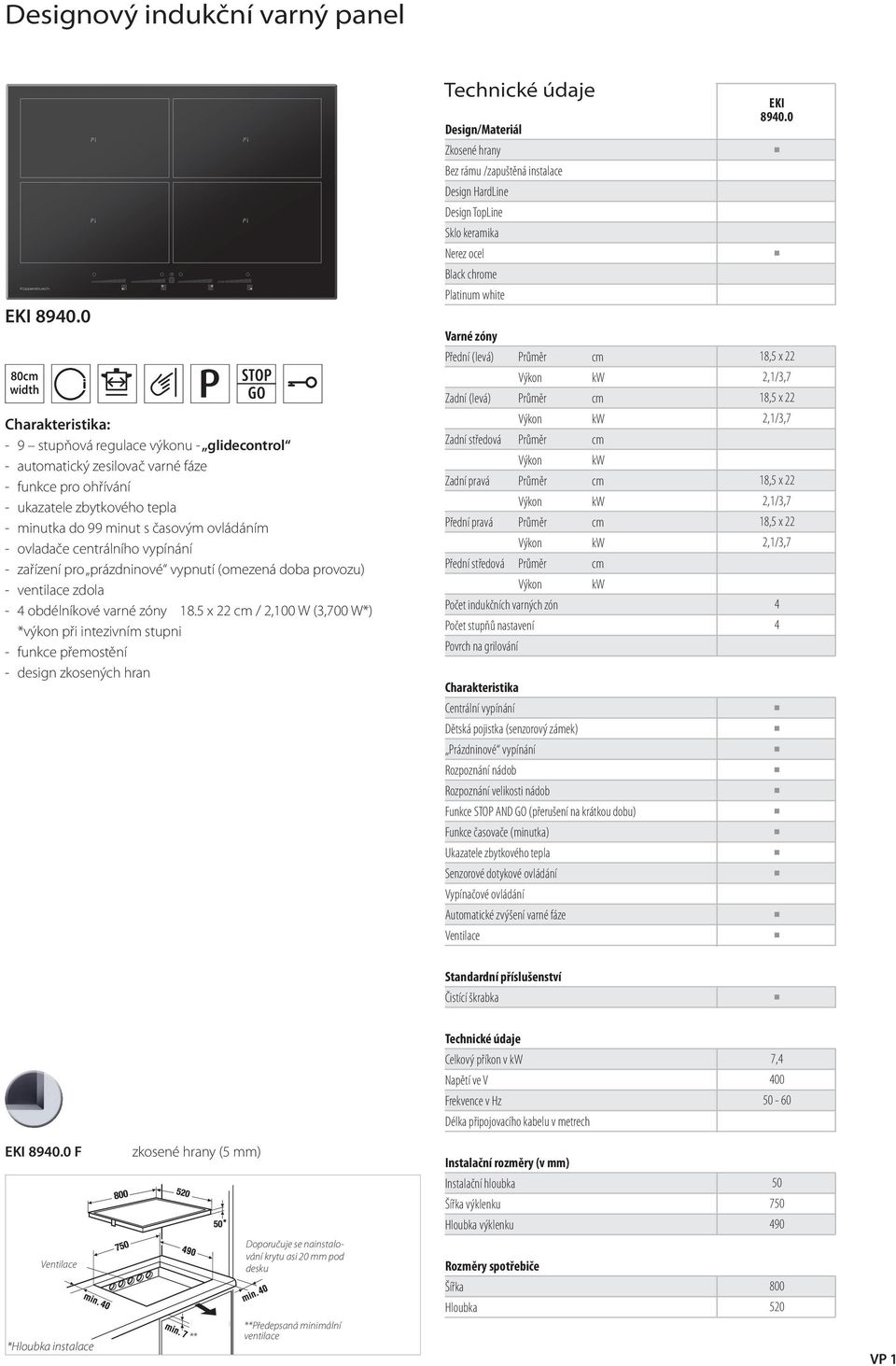 vypínání - zařízení pro prázdninové vypnutí (omezená doba provozu) - ventilace zdola - 4 obdélníkové varné zóny 18.